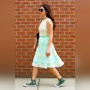 VAMP🌻Boho Green Floral Print A-Line Flared Skirt with Crochet Lace Sz: L